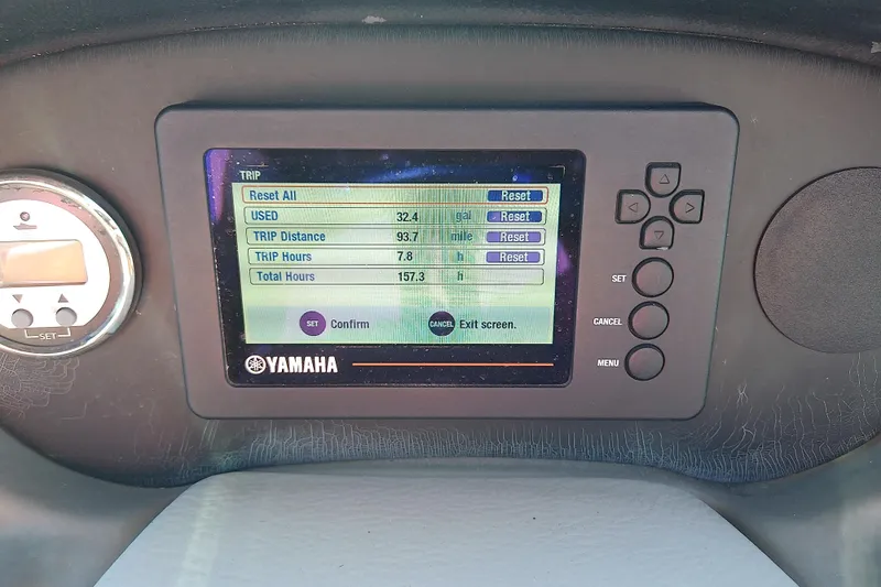 Slide: The Image of Yamaha dashboard display on 2017 Crownline Eclipse E6 XS boat, showing trip data. - 45