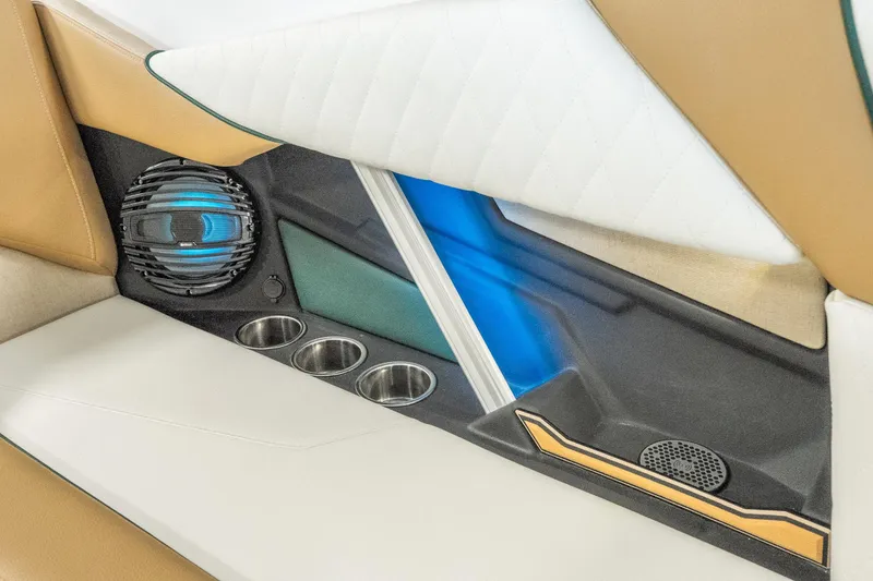 Slide: The Image of Interior detail of 2026 Tigé Z3 boat with speaker, cup holders, and ambient lighting. - 36