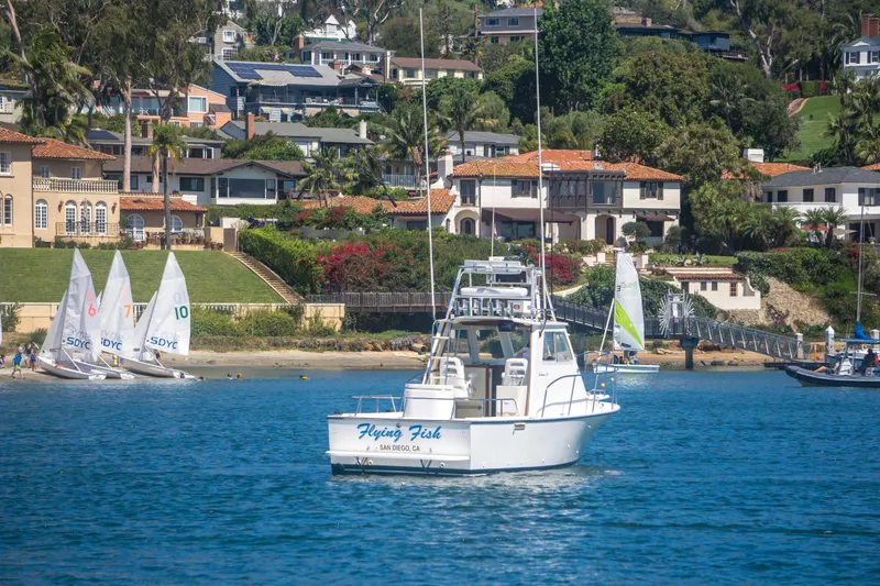 Slide: The Image of 2009 Blackman Pilothouse boat on water near coastal homes and sailboats. - 4