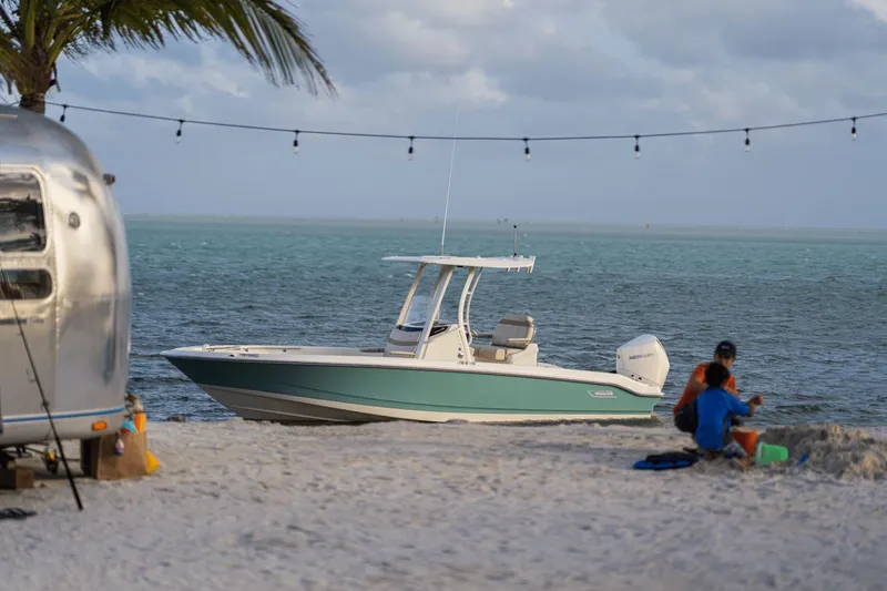 Slide: The Image of 2027 Boston Whaler 250 Dauntless on a beach with turquoise water in the background. - 12