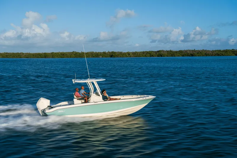 Slide: The Image of A 2027 Boston Whaler 250 Dauntless speeds across blue water under a clear sky. - 26