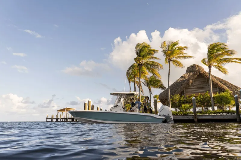 Slide: The Image of A 2027 Boston Whaler 250 Dauntless docked at a tropical pier with palm trees. - 24