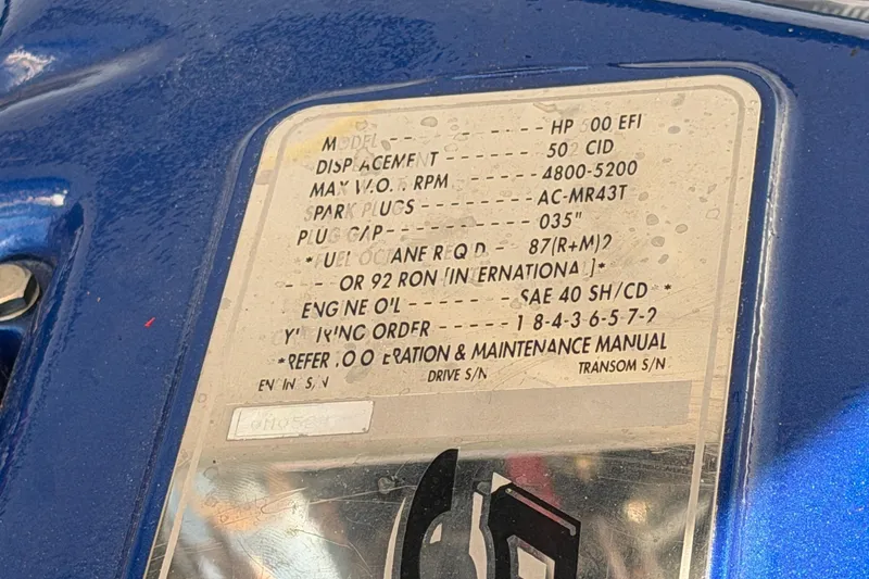 Slide: The Image of Engine specifications plaque on a 2002 Cigarette 35' Cafe Racer boat. - 51