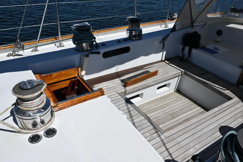 Slide: The Image of Cockpit of 1968 Abeking & Rasmussen Tripp 74 yacht with winches and teak decking. - 34