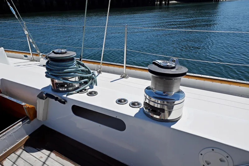Slide: The Image of Deck of 1968 Abeking & Rasmussen Tripp 74 yacht with winches and ropes. - 45