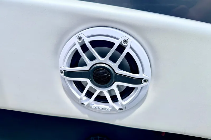 Slide: The Image of Close-up of a JL Audio speaker on a 2018 Glastron GT 185 boat. - 25