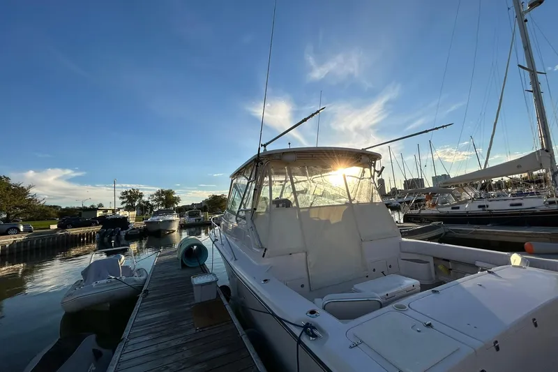 Slide: The Image of 2007 Grady-White Express 360 docked at marina during sunset. - 38