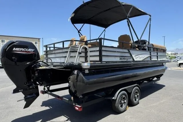 Slide: The Image of 2026 Ranger 220FC pontoon boat with Mercury outboard motor, black canopy, and dual-axle trailer. - 2