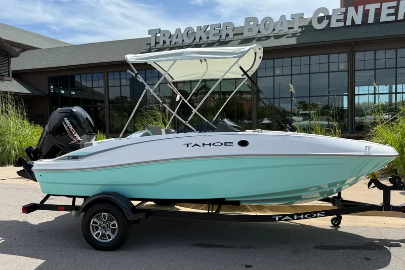 Slide: The Image of 2026 Tahoe T16 boat with canopy at Tracker Boat Center. - 6