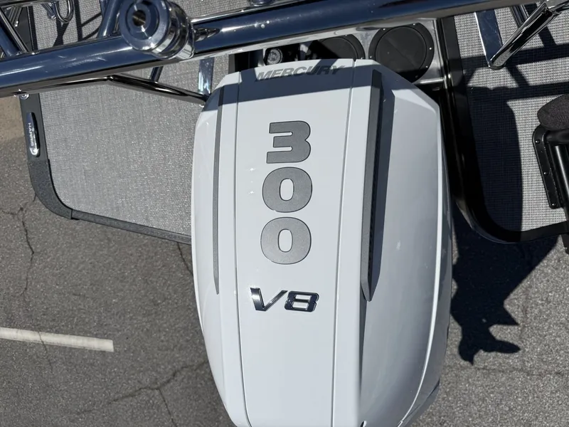 Slide: The Image of Close-up of a Mercury 300 V8 outboard motor on a boat. - 45