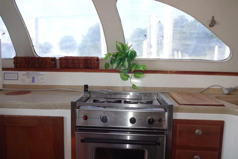 Slide: The Image of Kitchen area of 1996 Lagoon 35 CCC yacht with stove and plant. - 92