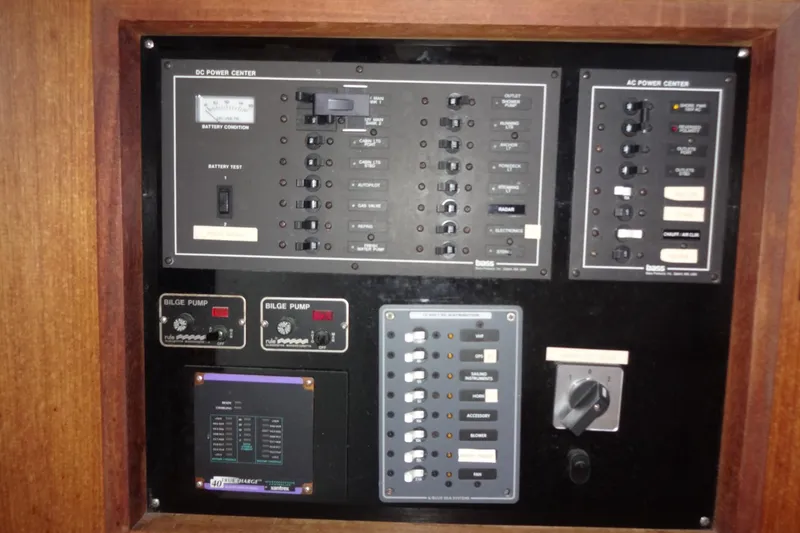 Slide: The Image of Control panel of a 1996 Lagoon 35 CCC boat, featuring DC and AC power centers. - 98