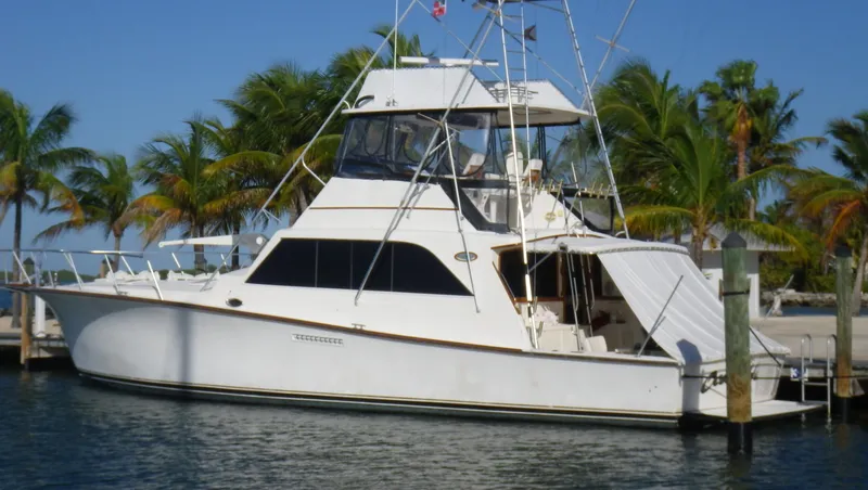Slide: The Image of 1985 Ocean Yachts 55 Super Sport docked, palm trees in background. - 3