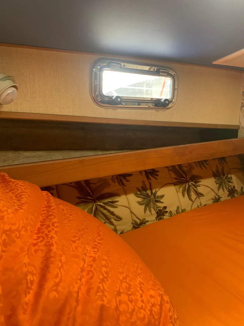 Slide: The Image of Interior cabin of 1985 Ocean Yachts 55 Super Sport with orange bedding and porthole. - 39