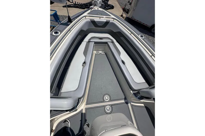 Slide: The Image of 2020 Blackwood 270 LXF boat interior with cushioned seating and sleek design. - 3