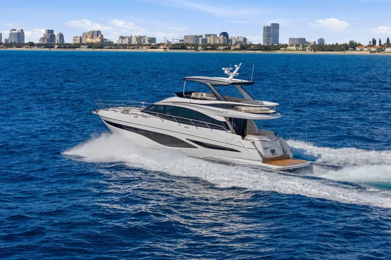 Slide: The Image of Luxury Princess F65 yacht cruising on blue ocean, city skyline in background, 2026 model. - 5