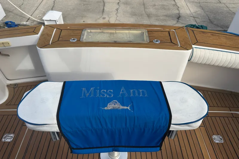 Slide: The Image of 2008 Luhrs 41 Open boat deck with "Miss Ann" embroidered cover. - 14