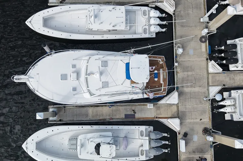Slide: The Image of Aerial view of 2008 Luhrs 41 Open yacht docked at marina. - 103