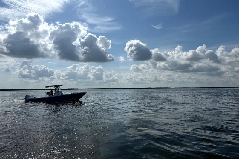 Slide: The Image of 2026 Blazer Bay Makaira 2800 boat cruising under cloudy sky on open water. - 10
