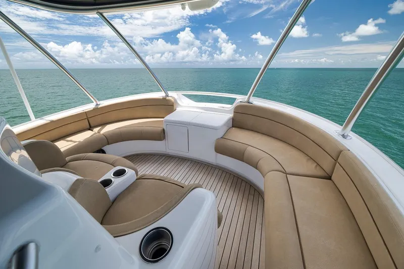 Slide: The Image of Luxurious seating on 2018 Viking 92 Sky Bridge yacht with ocean view. - 67