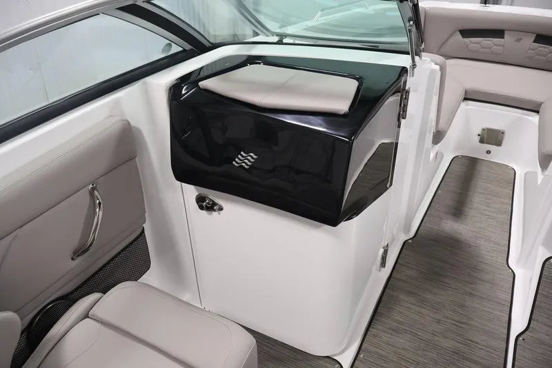 Slide: The Image of Interior of 2026 Four Winns HD3 boat, featuring sleek seating and modern design elements. - 29