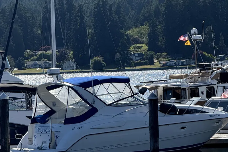 The Image of A 2006 Bayliner 305 docked in a marina, surrounded by other boats and a wooded landscape. - 0