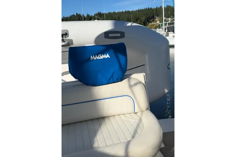 Slide: The Image of 2006 Bayliner 305 boat interior with Magma grill cover, docked near forested shoreline. - 9
