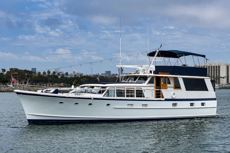 Slide: The Image of 1969 Burger Flush Deck yacht on water, featuring classic design and elegant structure. - 2