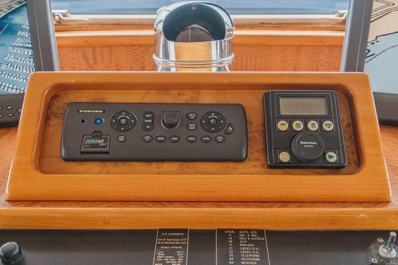 Slide: The Image of Control panel on a 1969 Burger Flush Deck yacht, featuring navigation instruments. - 46