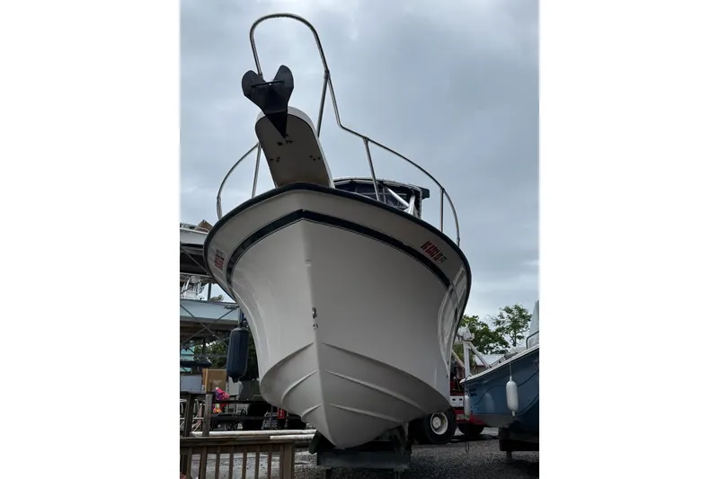 Slide: The Image of 1999 Grady-White Islander 268 boat on display, viewed from the front under cloudy skies. - 5
