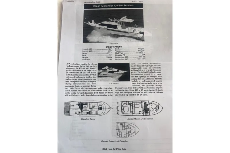 Slide: The Image of Ocean Alexander 440 Sundeck CPMY 1989 brochure with specifications and layout diagrams. - 34