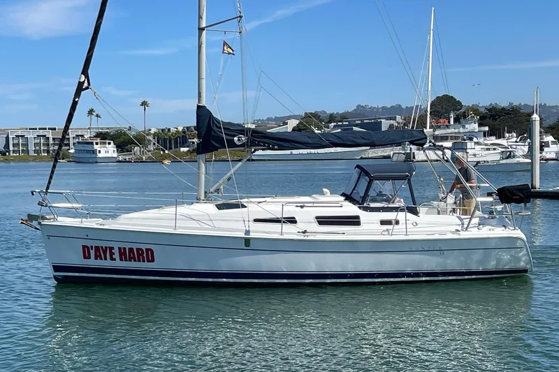 Slide: The Image of 2004 Hunter 33-2 sailboat named "D'AYE HARD" docked in a marina. - 4