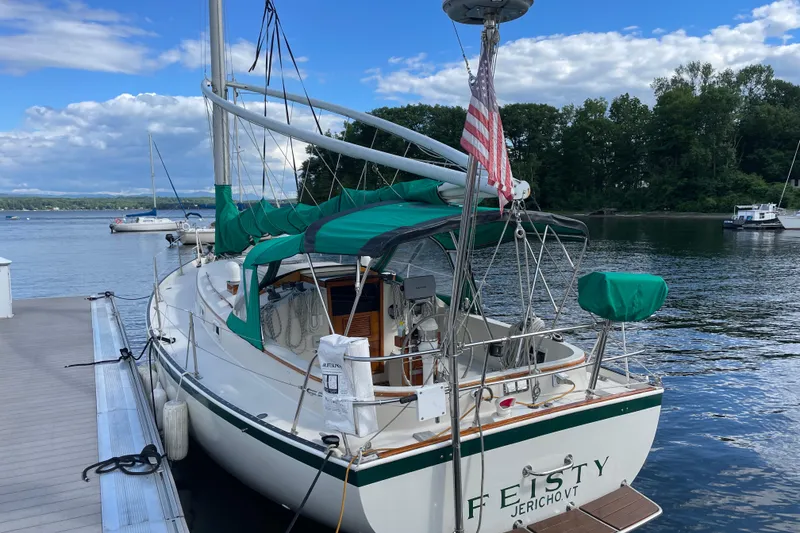 The Image of 1981 Nonsuch 30 Classic sailboat docked, featuring green canopy and American flag. - 1