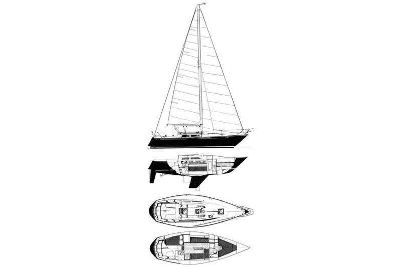 Slide: The Image of Blueprint of 1982 C&C 34 sailboat, showing side and top views with detailed interior layout. - 26