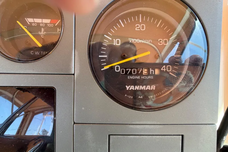 Slide: The Image of Close-up of Yanmar engine hour meter showing 7079 hours on a 2000 Sabreline 36 Express. - 45