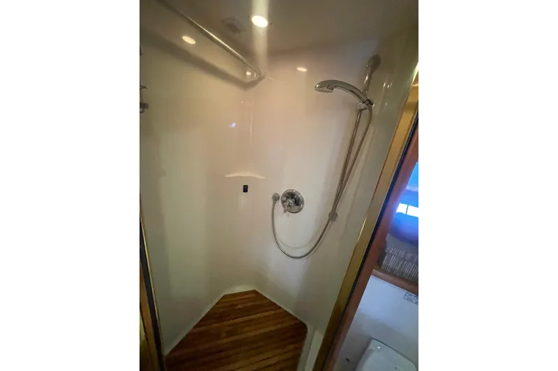 Slide: The Image of A luxurious shower cabin with wooden flooring and modern fixtures. - 45