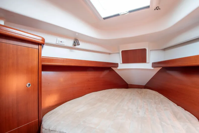 Slide: The Image of Interior of a sailboat with wood paneling and a cozy bed. - 20