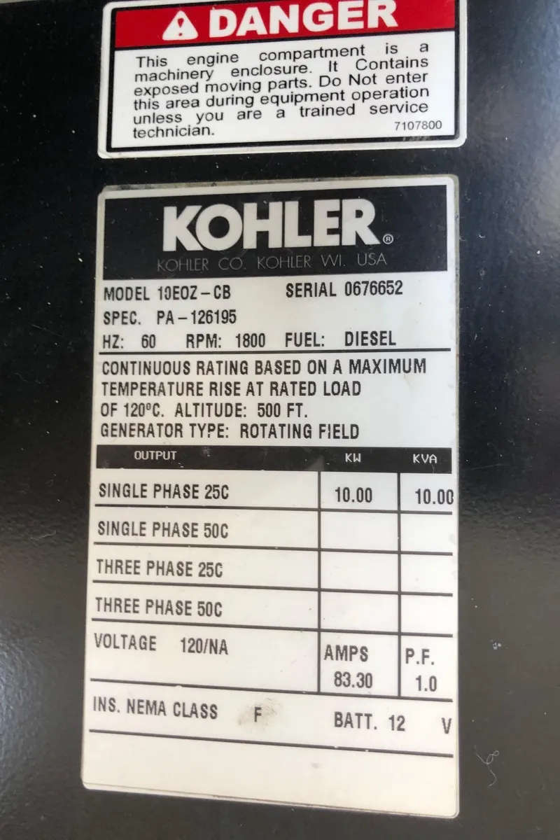 Slide: The Image of Kohler generator label on 2001 Carver 396 Motor Yacht. - 35