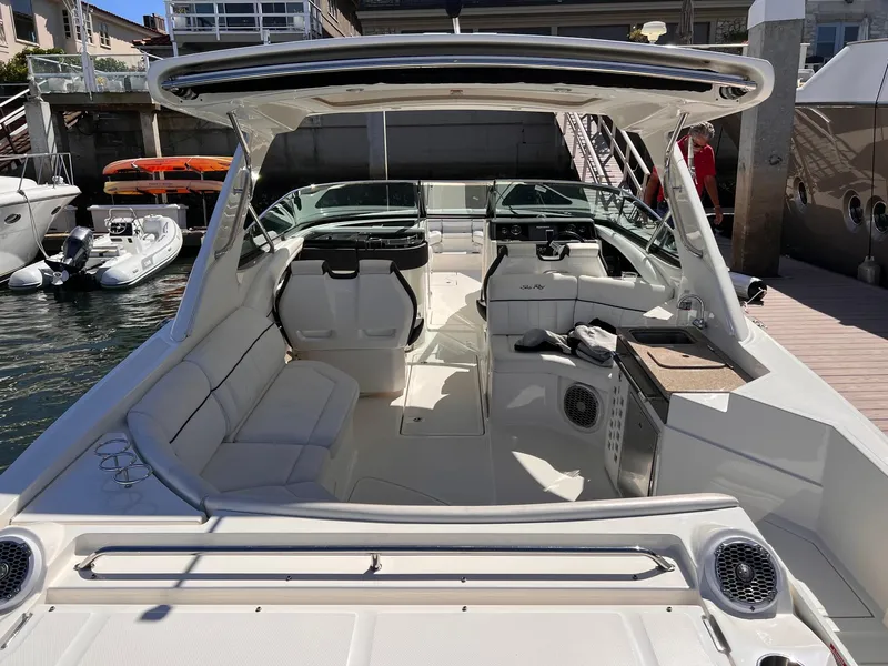 Slide: The Image of Interior view of a 2015 Sea Ray SLX 350 yacht at the dock. - 12
