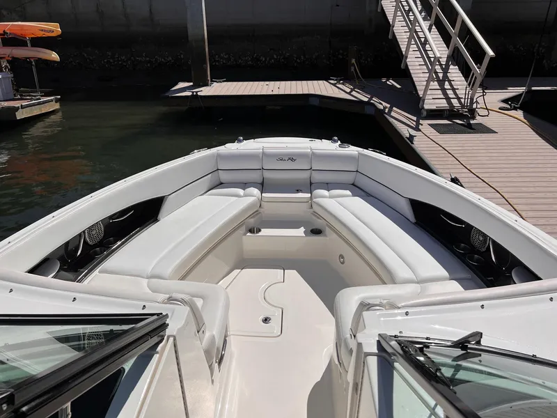 Slide: The Image of Interior view of 2015 Sea Ray SLX 350 yacht at dock. - 25