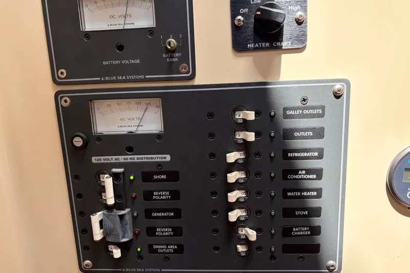 Slide: The Image of Electrical panel of a 2008 Ranger Tugs R-25 boat with voltage meters and switches. - 15