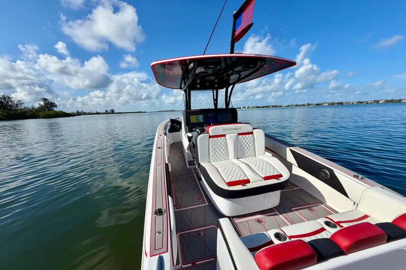 Slide: The Image of 2023 Statement 350 Open boat on calm water under a clear blue sky. - 19