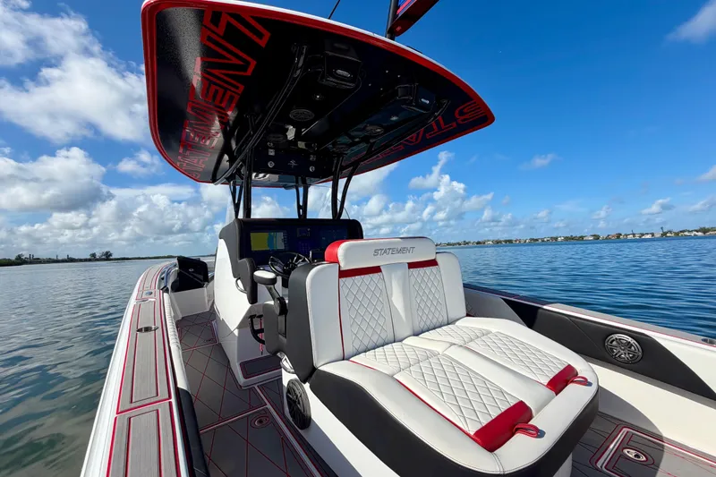 Slide: The Image of 2023 Statement 350 Open boat with luxurious seating on a calm water backdrop. - 20