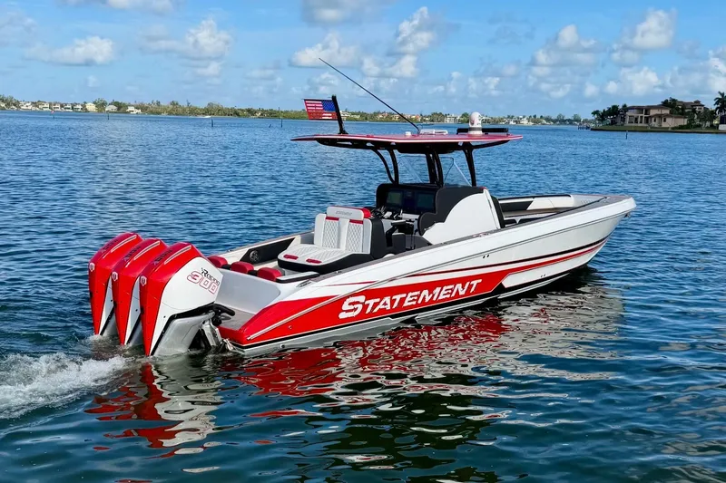 Slide: The Image of 2023 Statement 350 Open boat with triple engines on a sunny lake. - 3
