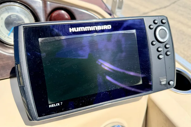 Slide: The Image of Humminbird Helix 7 fish finder on 2018 Sylvan 8522 Mirage Fish boat dashboard. - 43