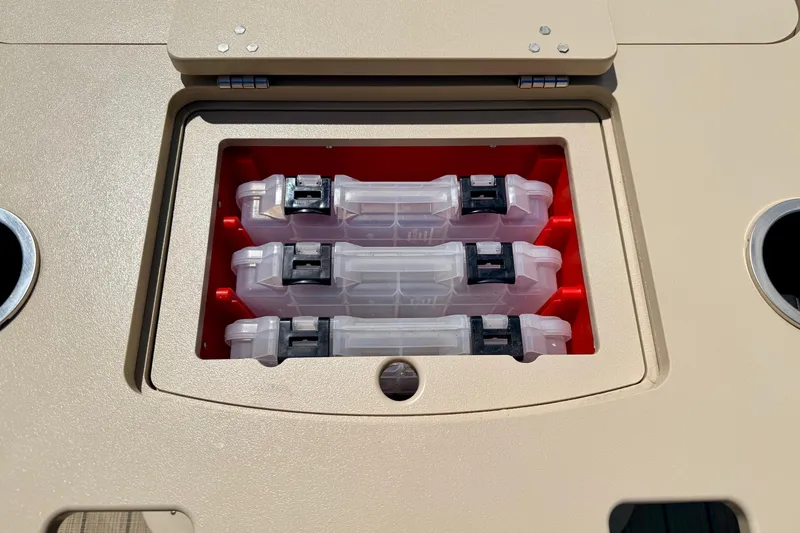 Slide: The Image of Storage compartment with tackle boxes on a 2018 Sylvan 8522 Mirage Fish boat. - 52