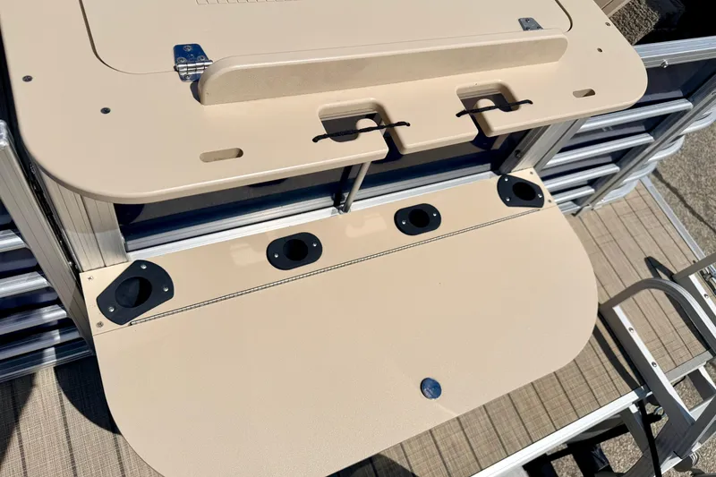 Slide: The Image of 2018 Sylvan 8522 Mirage Fish boat deck with rod holders and storage compartments. - 61