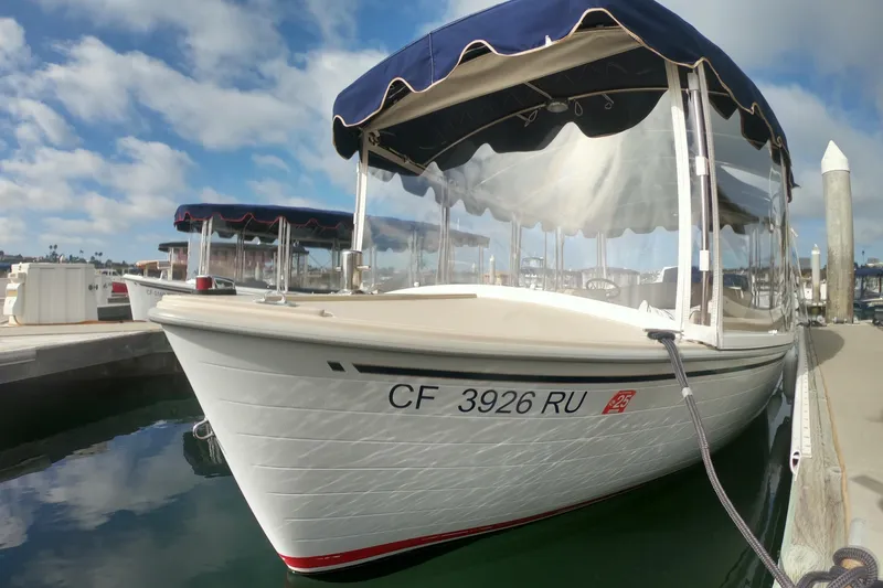 Slide: The Image of 2008 Duffy Snug Harbor 18 boat docked under a blue sky. - 2