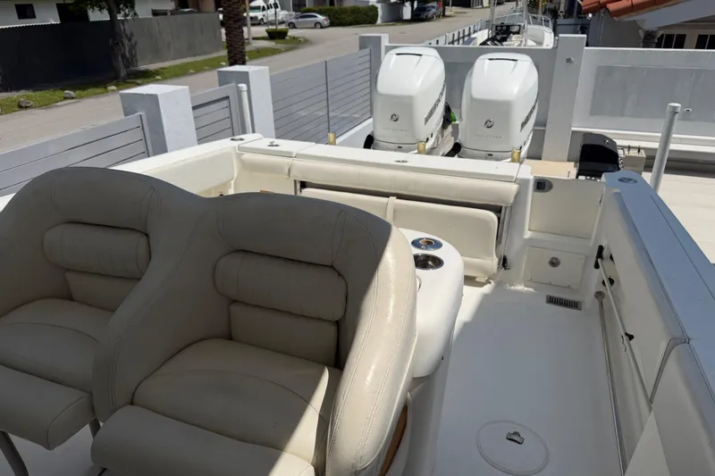 Slide: The Image of 2008 Hydra-Sports Vector 2900 CC boat interior with dual engines and cushioned seating. - 33