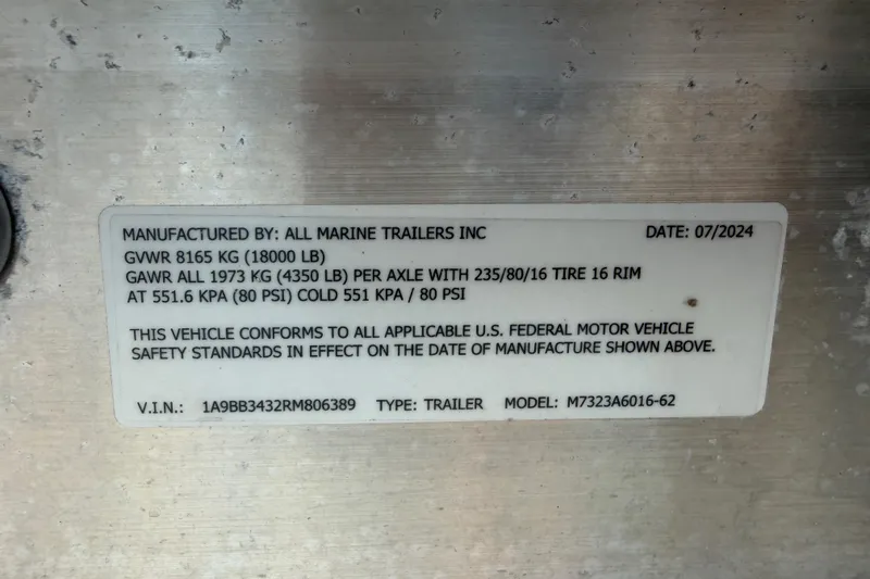 Slide: The Image of Label on a trailer manufactured by All Marine Trailers Inc, dated 07/2024. - 36
